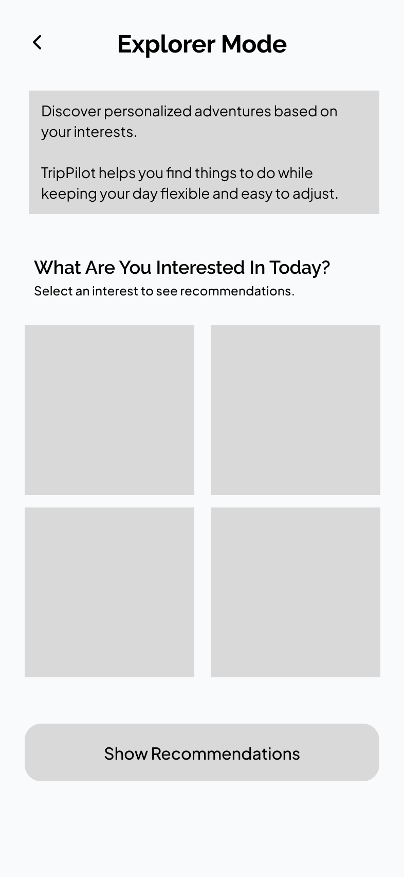 Wireframe: explorer mode screen